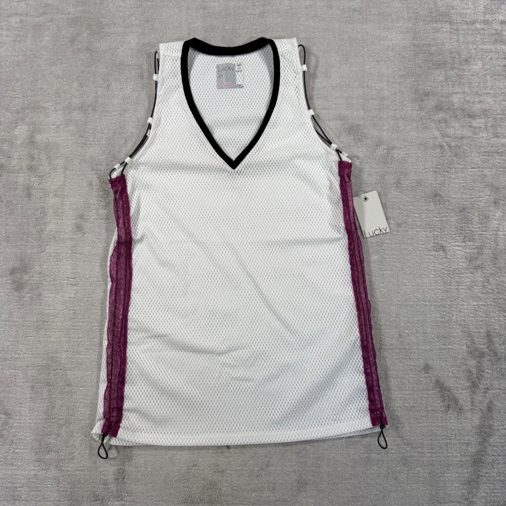 Lucky in Love Shirt Womens XS White Purple Mesh Vaportex Tennis Tank Top
